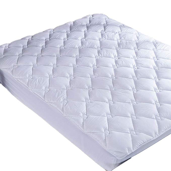 puredown PD-16019-F Down Alternative Mattress Pad Topper Quilted Design 100% Cotton Top Rhombic Pattern White, Full Size