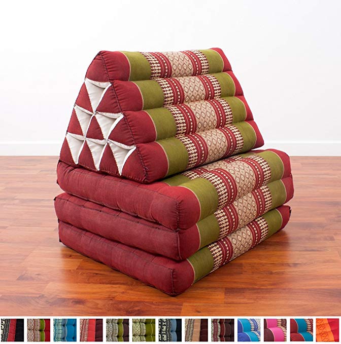 Leewadee Foldout Triangle Thai Cushion, 67x21x3 inches, Kapok Fabric, Green Red, Premium Double Stitched